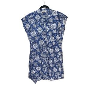 ALCHEMY Organic Cotton Button Front Printed Cap Sleeve Mini Dress Blue White S